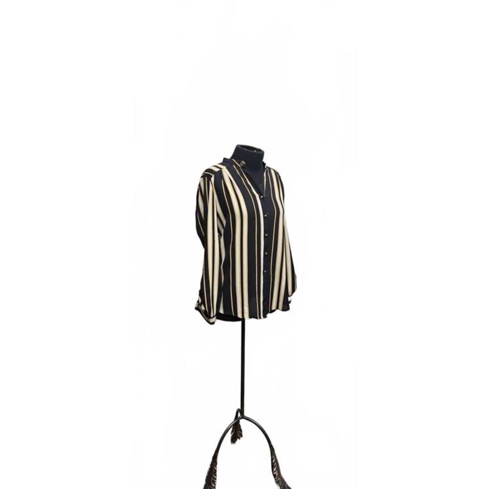 Chic Black and Cream Striped Button-Up Blouse